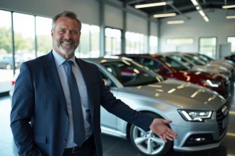 Vendeur automobile en costume marine présentant une berline dans une concession moderne