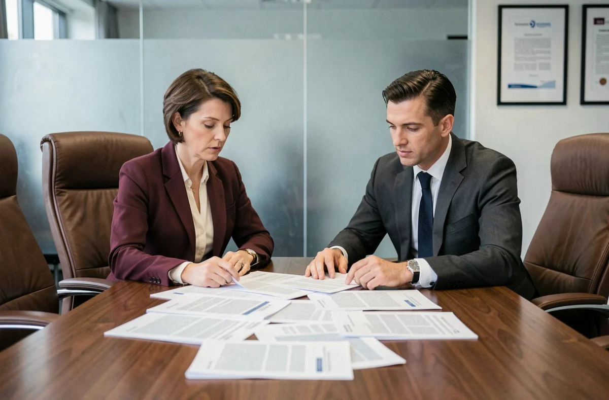 Deux professionnels examinant des documents contractuels relatifs aux périodes d'essai et aux durées de stage en salle de réunion