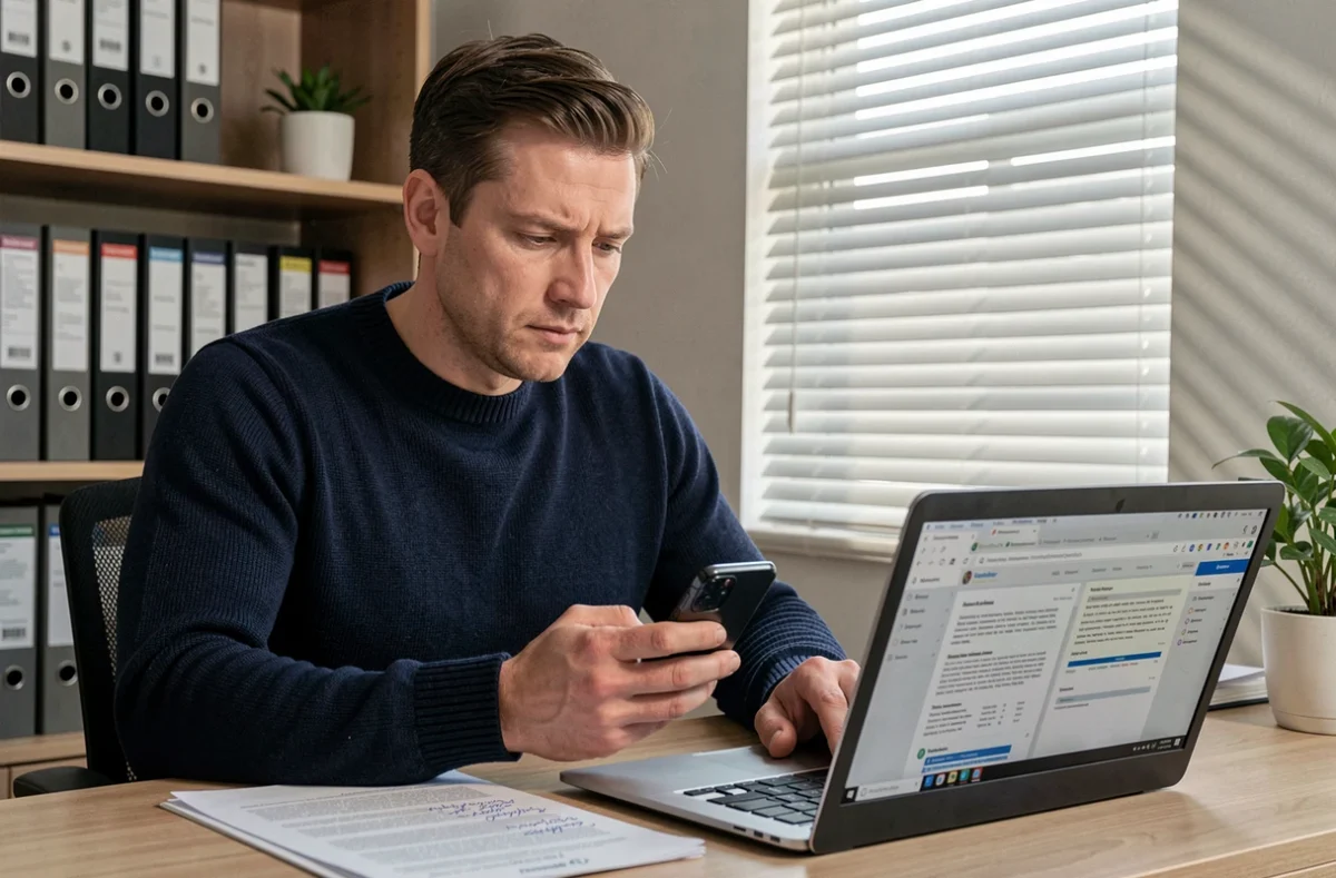 Un homme vérifie des affirmations en comparant plusieurs sources sur son ordinateur et son téléphone