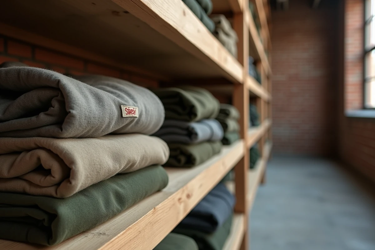 Vêtements Stüssy pliés avec étiquette Made in USA sur des étagères en bois dans un entrepôt