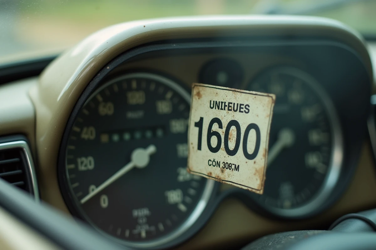 Tableau de bord d'une ancienne voiture essence avec vignette Crit'Air visible sur le pare-brise