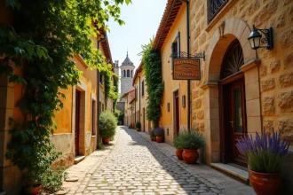 Rue pavée d'un village typique de l'Armagnac avec maisons en pierre dorée, pots de lavande et clocher roman en arrière-plan