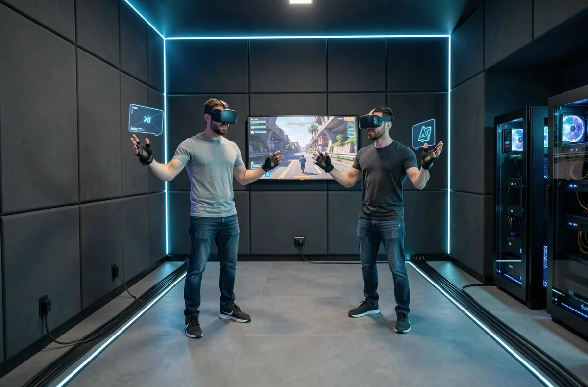 Deux joueurs équipés de casques VR dans la salle high-tech de Virtual Room Brest, expérience de réalité virtuelle immersive