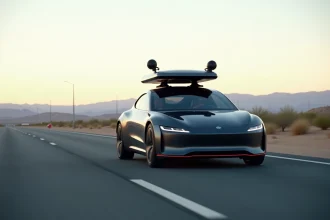 Voiture électrique autonome équipée de capteurs LiDAR et radar roulant sur une autoroute désertique au crépuscule