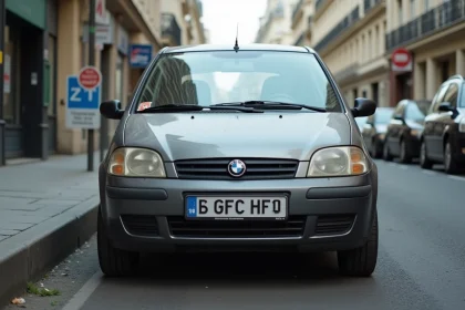 Vieille voiture essence garée en zone à faibles émissions avec panneau ZFE en arrière-plan