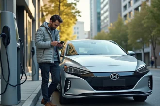 Homme chargeant une voiture hybride à une borne électrique en ville, illustrant la réduction des émissions carbone