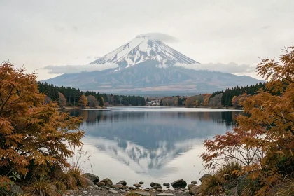 Volcan japonais emblématique avec sommet enneigé reflété dans un lac entouré de forêts automnales