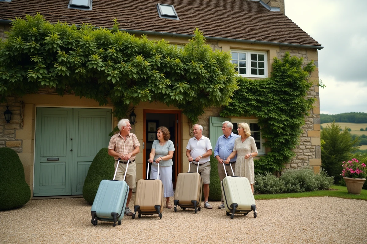 Groupe d'amis arrivant à une maison de caractère pour un week-end surprise d'anniversaire